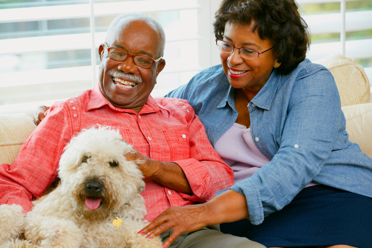 Happy Senior Couple Sitting On Sofa With Dog